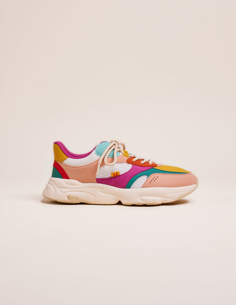 Low-top trainers Nathanaelle - Salmon, turquoise and mustard vegan suede and mesh