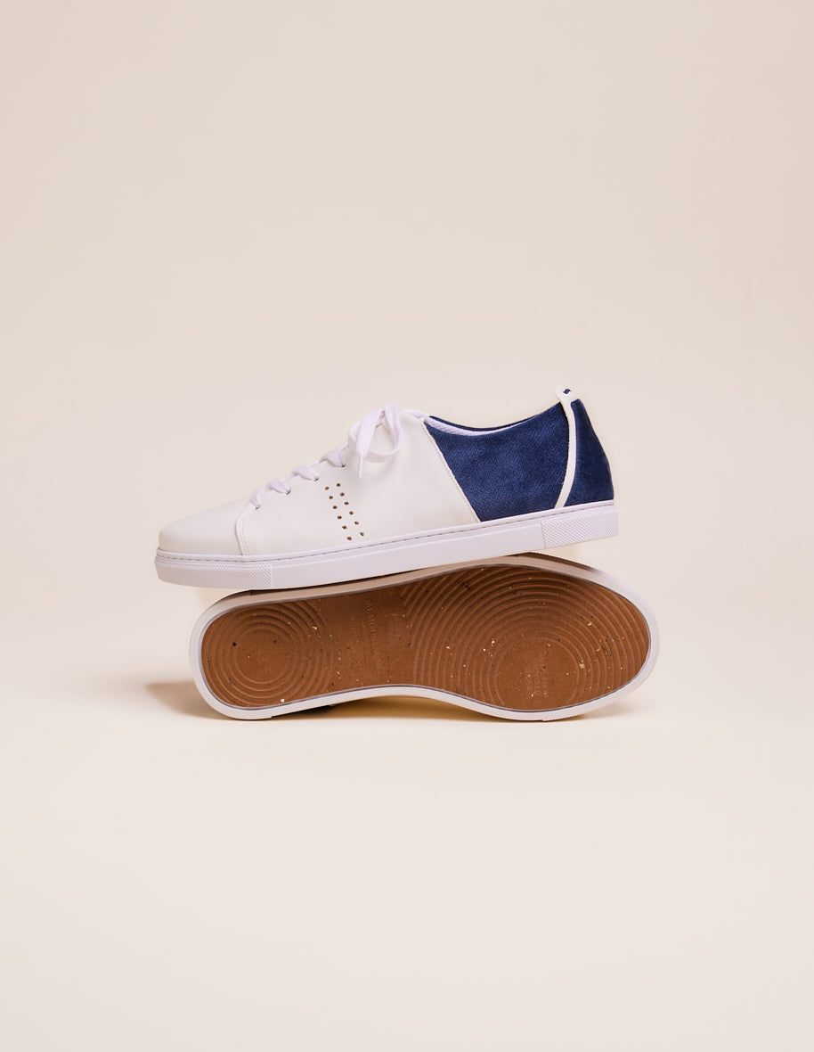 Baskets basses René - Cuir vegan blanc et velours marine