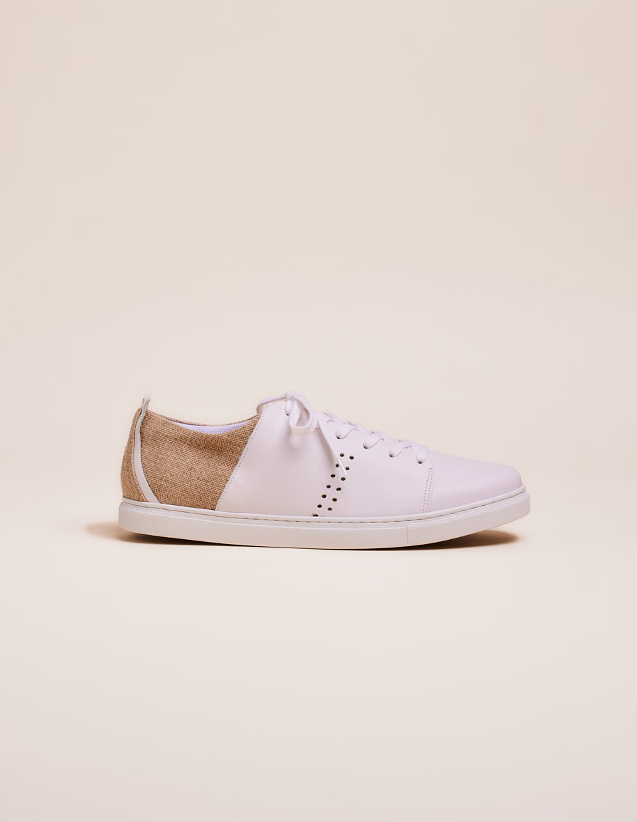 Low-top trainers René - White leather and linen